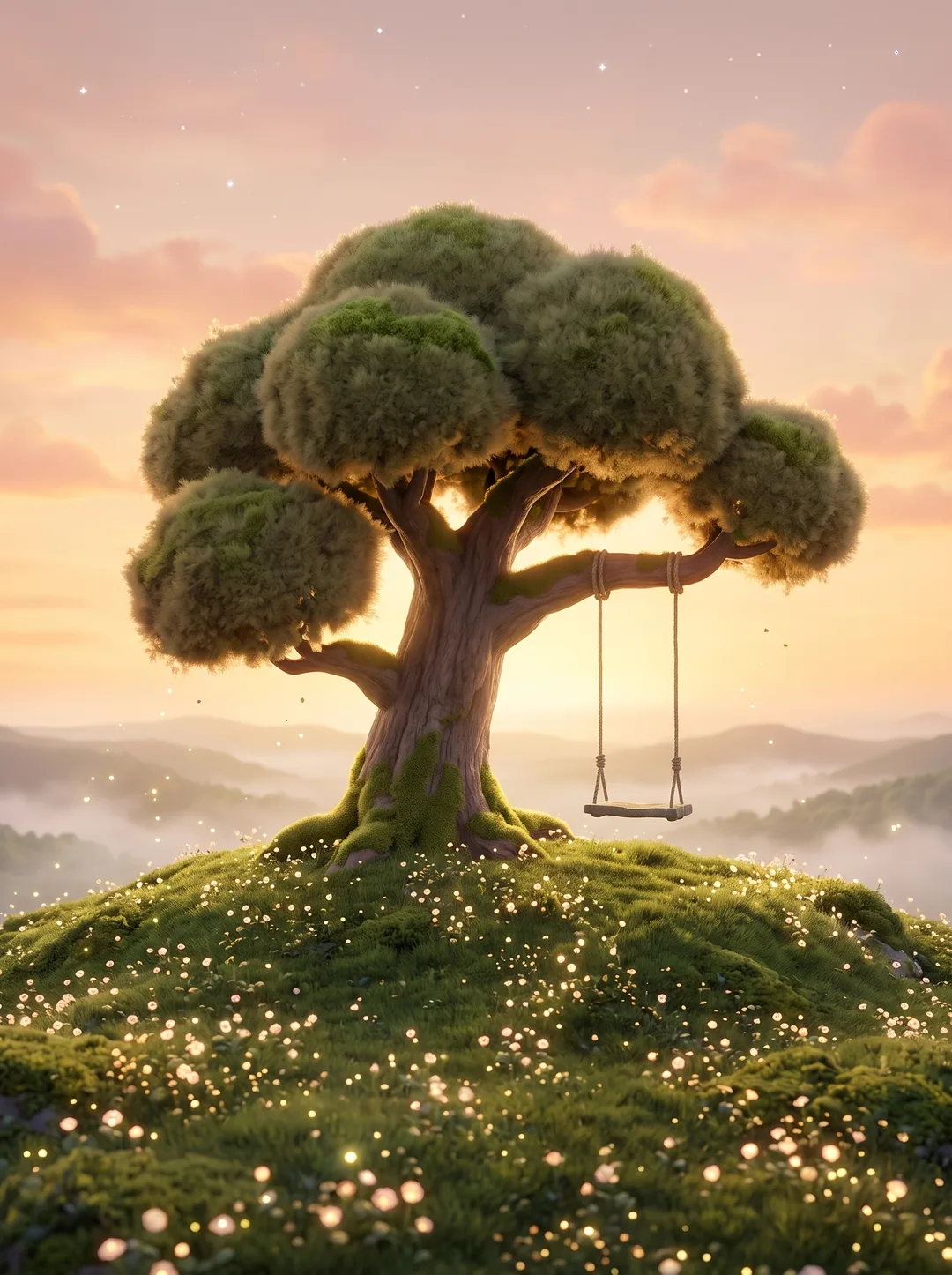 Ein alter Baum mit einer Schaukel auf einem Hügel bei Sonnenaufgang