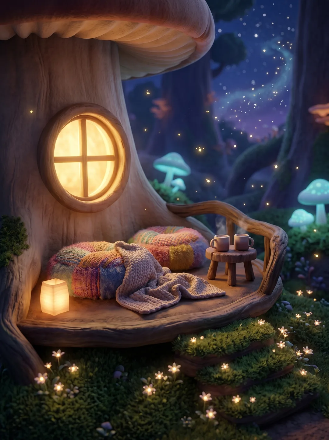 Eine Veranda an einem Pilzhaus bei Nacht, zwei Kissen und zwei dampfende Tassen